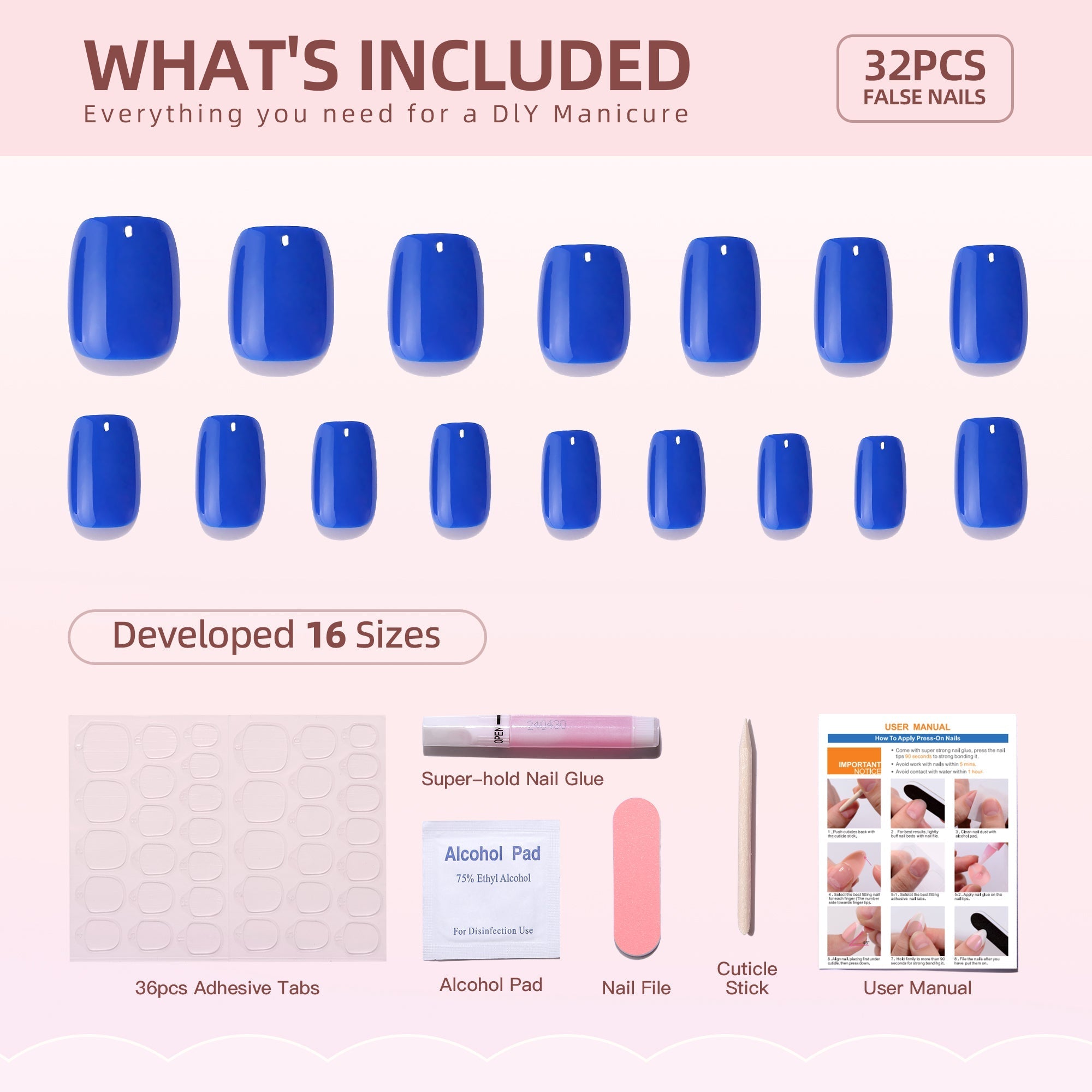 Gel Press On Nails 16 Sizes-32 Pcs Kit F056 MH-5